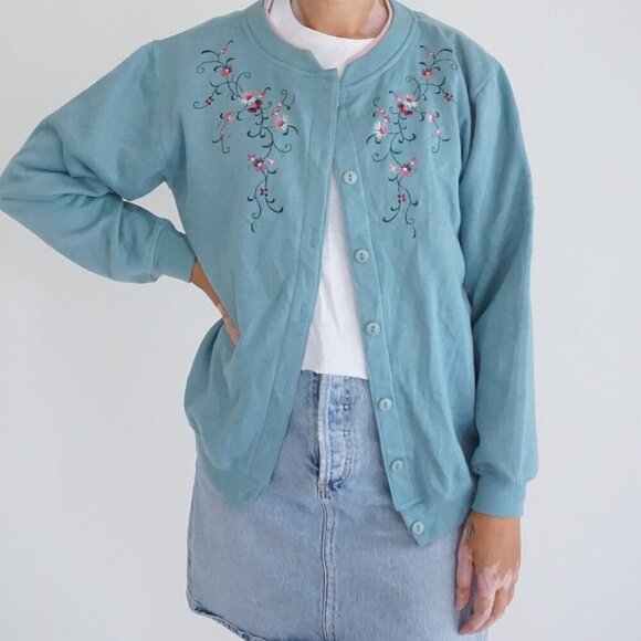 Sweaters - Vintage Shenanigans Blue Floral Embroidered Cotton Blend Cardigan Cottagecore M
